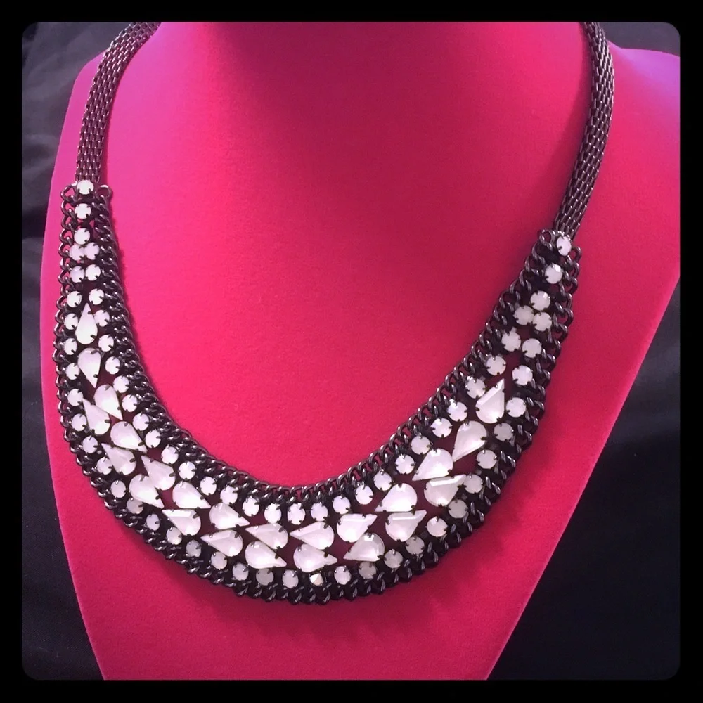 Statement Bib Necklace Black Pewter Pearlescent White Stone Adjustable